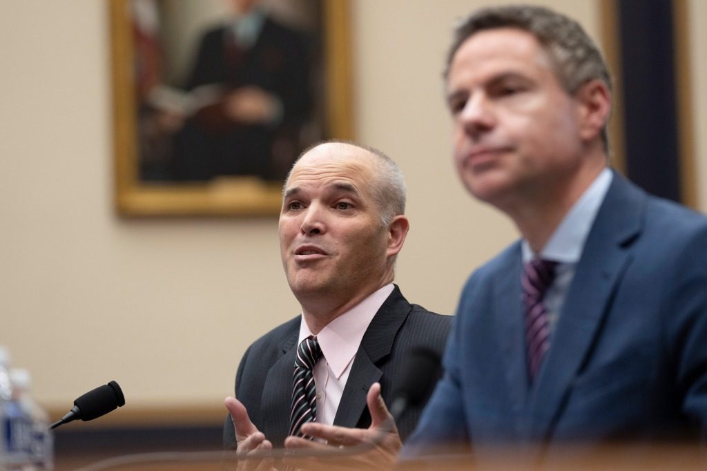 Matt Taibbi, left, with Michael Schellenberger, testifying before the House Select Subcommittee on Capitol Hill 