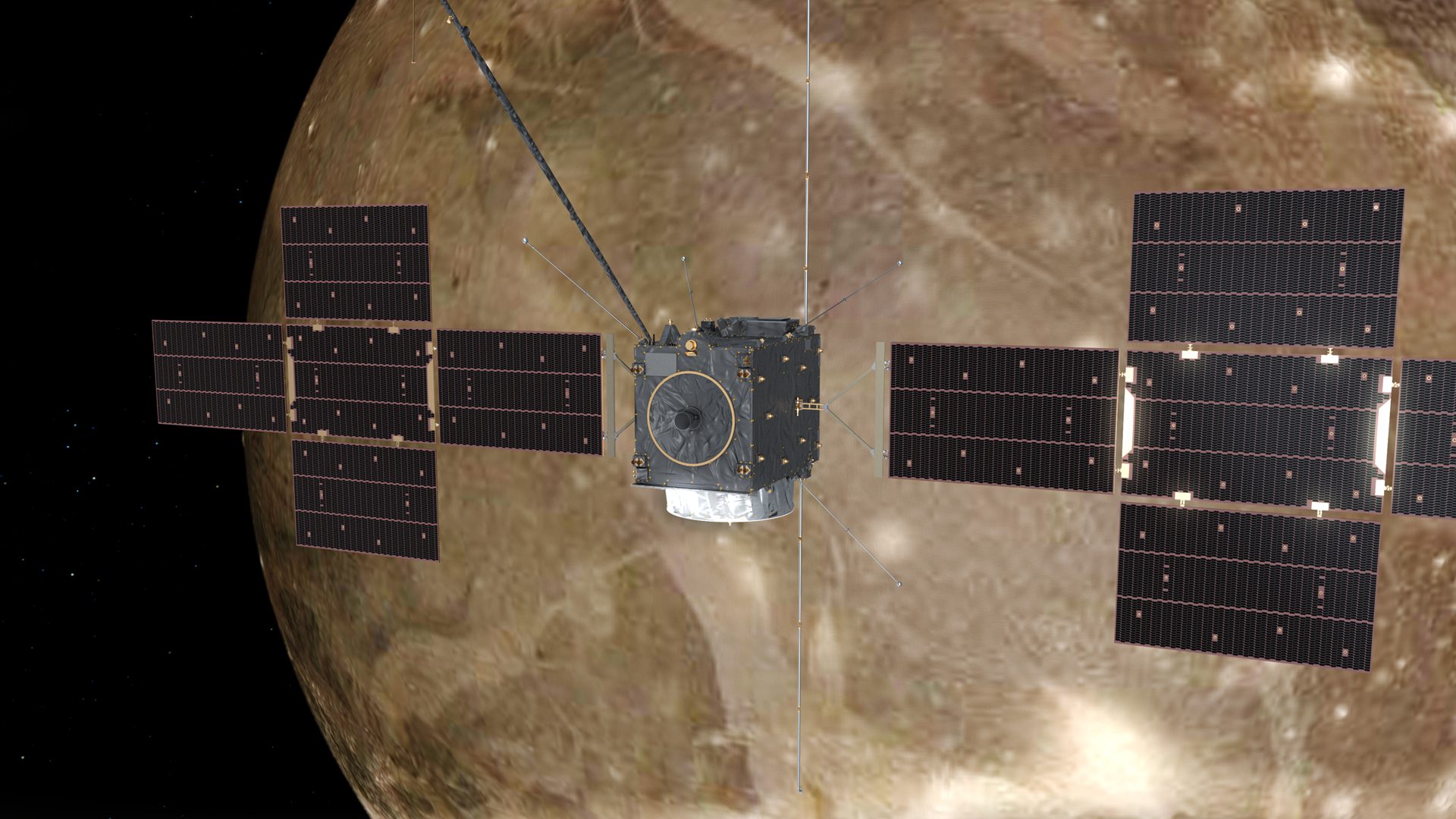 The European Space Agency's (ESA) Juice spacecraft orbits Jupiter's moon Ganymede.