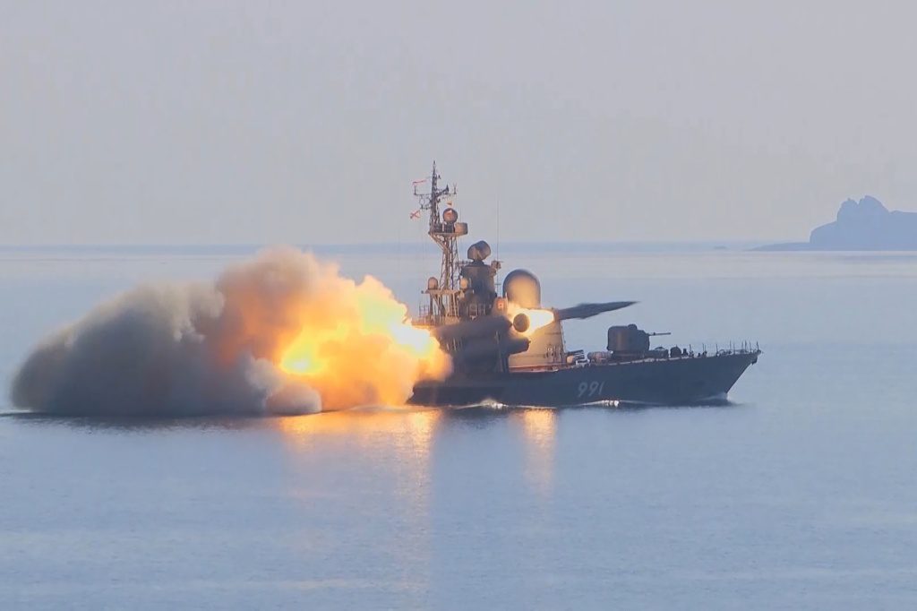 A missile boat of the All-Arms Forces of Russia's Pacific Fleet fired the Moskit anti-ship missile during a training exercise on March 27. 