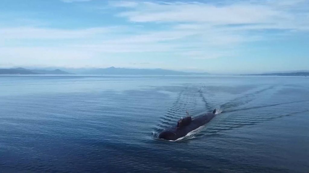 A general view of a submarine as Russia conducts a surprise inspection of its naval fleet in the Pacific Ocean, at an undisclosed location in the Russian Far East, in this still image taken from video released on April 14, 2023. 