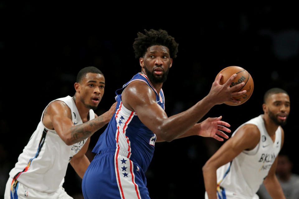 Nic Claxton, Mikal Bridges, and the Brooklyn Nets will have to rally Philadelphia 76ers star Joel Embiid in order to give themselves a holeshot opportunity.  (Brad Penner/USA Today Sports)