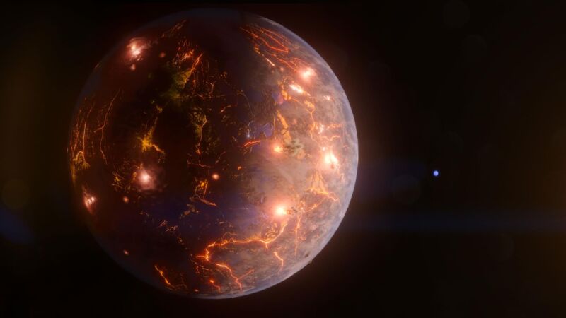 Image of a planet covered in glowing red cracks and spots