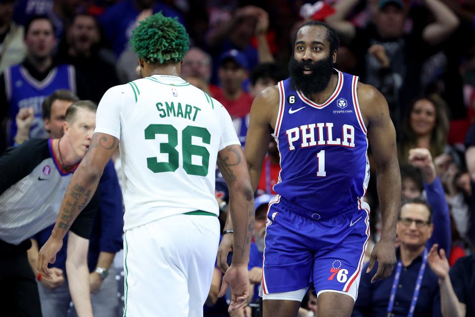 Philadelphia 76ers & # 39;  James Harden looks at the Boston Celtics & # 39;  Marcus Smart at Game Six of the Eastern Conference Semifinal Series at Wells Fargo Center in Philadelphia on May 11, 2023 (Tim Nwachukwu/Getty Images)
