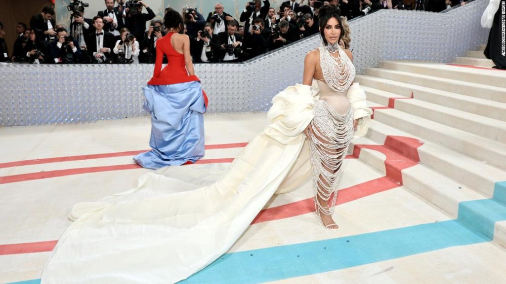 Kim Kardashian at the Met Gala 'dripping in pearls' with a sparkling Lagerfeld tribute