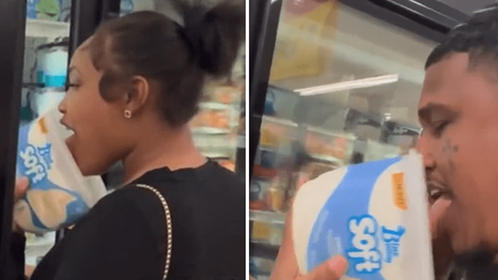 Police are investigating a video of a couple licking ice cream in a grocery store