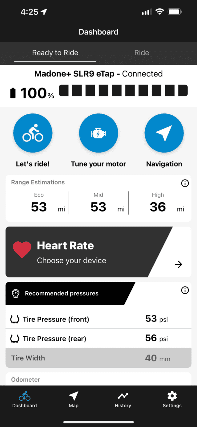 Trek Central app control panel.  Once you've paired the Domane+ SLR9 with your phone, you can configure your ride to your liking.