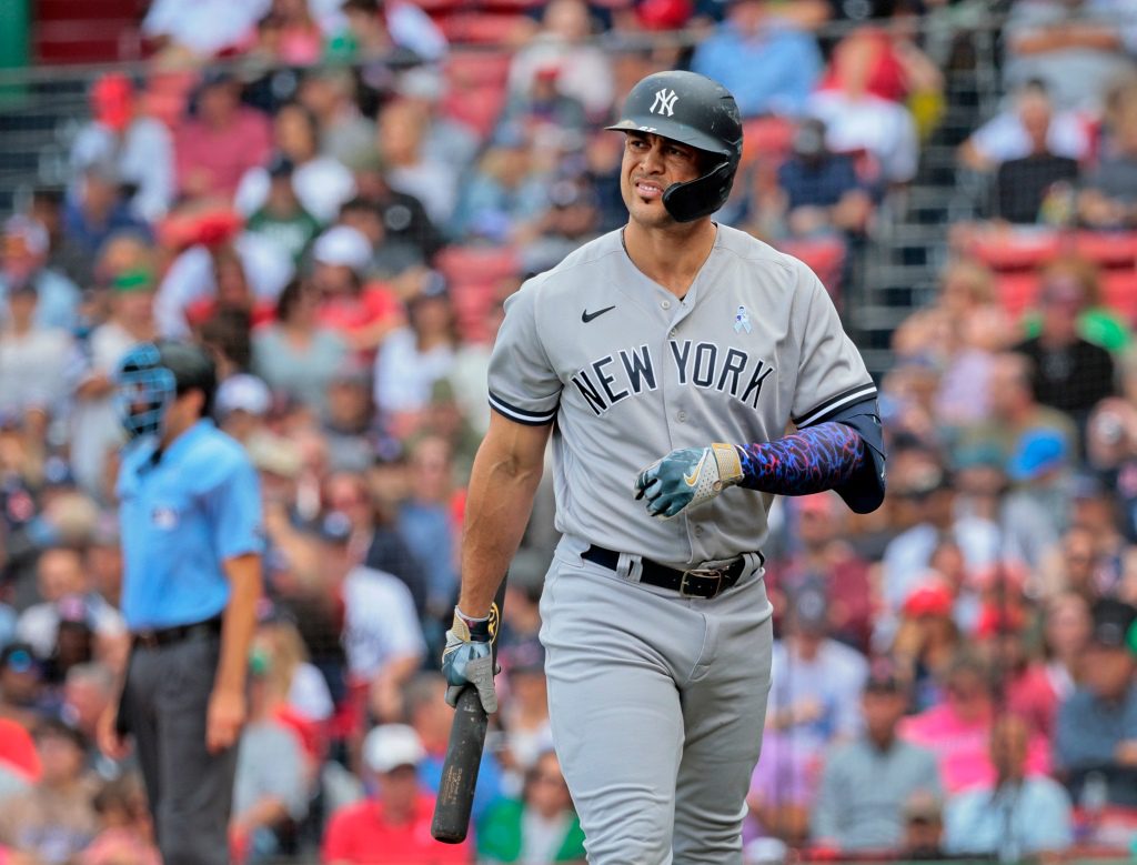 Yankees DH Giancarlo Stanton reacted after striking out the sixth inning in Game 1 with a two-run double against the Red Sox.