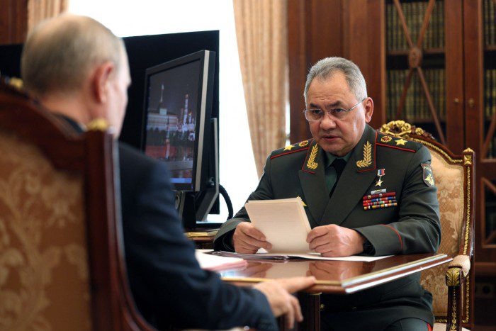Vladimir Putin held a meeting with Defense Minister Sergei Shoigu in Moscow in April 