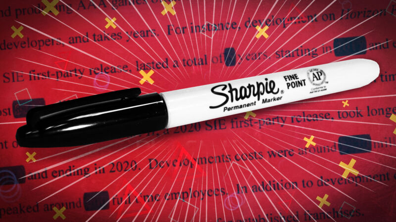 Sharpie with magical sparks shooting up, over revised Sony docs