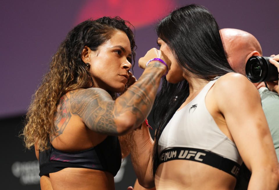 VANCOUVER, British Columbia - JUNE 09: (LR) Opponents Amanda Nunes of Brazil and Irene Aldana of Mexico face off during their UFC 289 ceremonial bout at Rogers Arena on June 09, 2023 in Vancouver, British Columbia.  (Photo by Cooper Neill/Zuffa LLC via Getty Images)