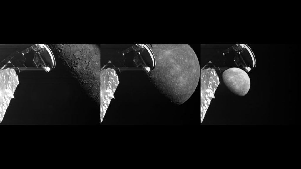 Three views of Mercury taken by the European BepiColombo mission during its flyby of the planet in June 2023.