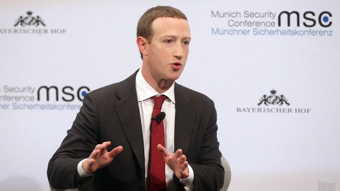 MUNICH, GERMANY - FEBRUARY 15: Facebook Founder and CEO Mark Zuckerberg speaks during a panel discussion at the 2020 Munich Security Conference (MSC) on February 15, 2020 in Munich, Germany.  The annual conference brings together global political, security and business leaders to discuss pressing issues, which this year include climate change, the US commitment to NATO and the spread of disinformation campaigns.  (Photo by Johannes Simon/Getty Images)