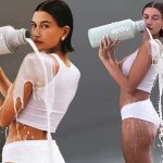 Hailey Bieber wears a peachy show as she poses for a sexy photoshoot for her latest skincare collection