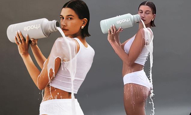 Hailey Bieber wears a peachy show as she poses for a sexy photoshoot for her latest skincare collection