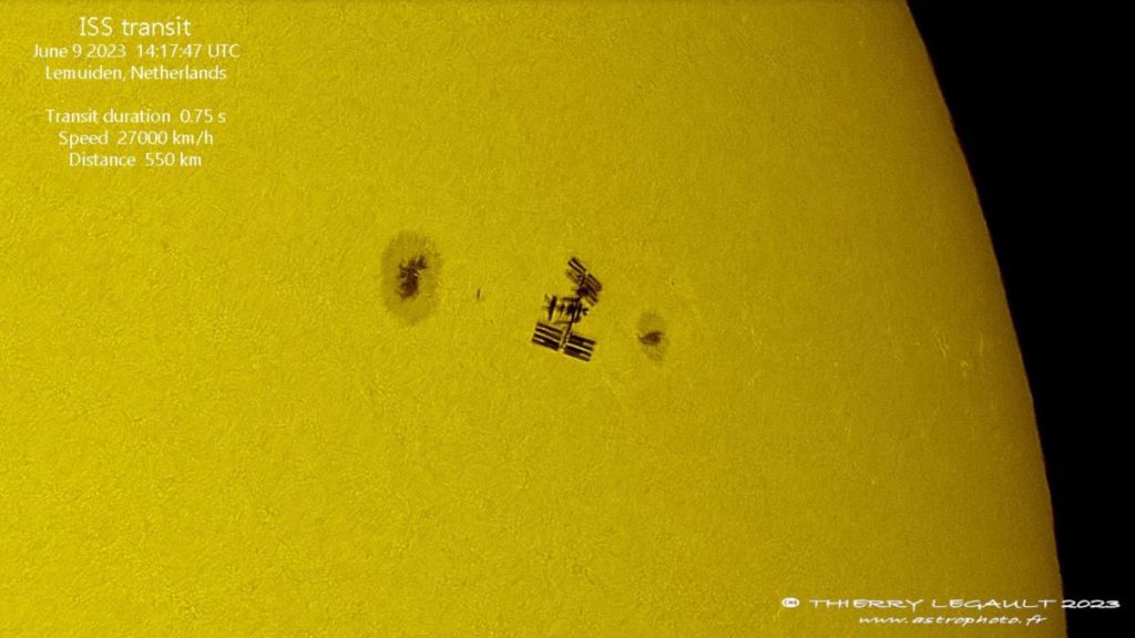 French astrophotographer Thierry Legault captured this amazing shot of the International Space Station crossing the face of the sun on June 9, 2023. At the time, two astronauts were performing a spacewalk outside the station.
