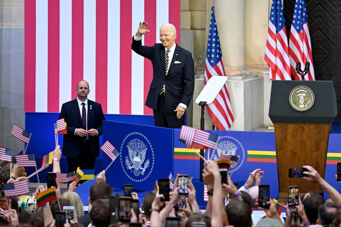 US President Joe Biden gives a speech at Vilnius University during the NATO summit
