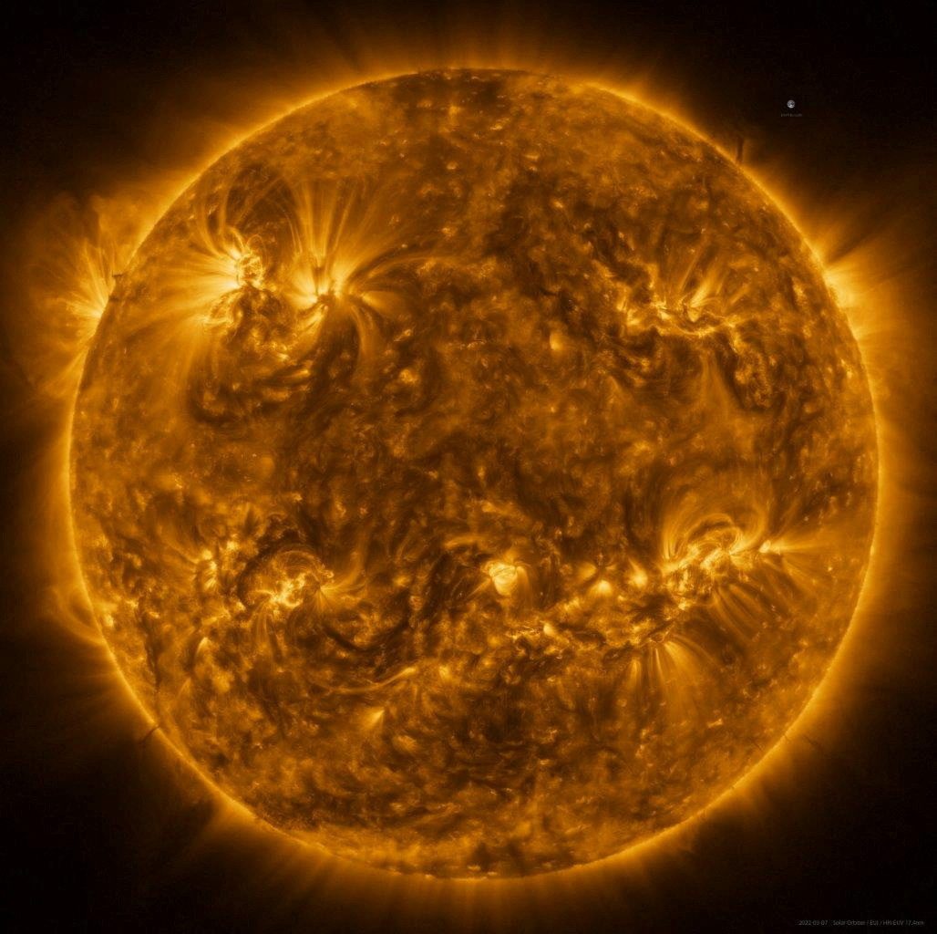 The Sun as seen by the Solar Orbiter spacecraft in extreme ultraviolet light in this mosaic of 25 individual images