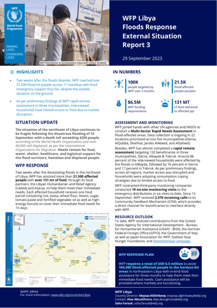External Situation Report on WFP’s Flood Response in Libya 3, 29 September 2023 - Libya