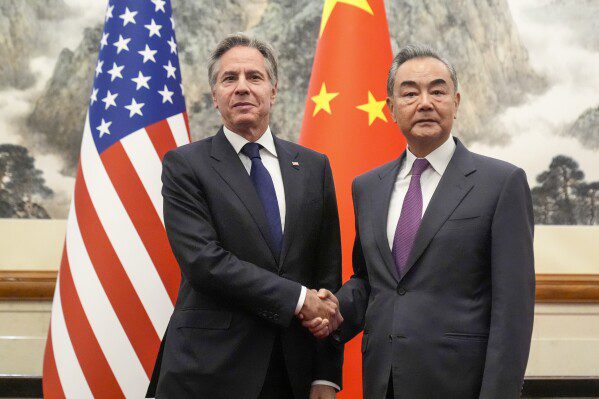 US Secretary of State Antony Blinken, left, meets with Chinese Foreign Minister Wang Yi at Diaoyutai State Guesthouse, Friday, April 26, 2024, in Beijing, China.  (AP Photo/Mark Schiefelbein, Paul)