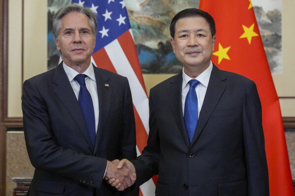US Secretary of State Antony Blinken meets with Chinese Minister of Public Security Wang Xiaohong at Diaoyutai Guest House, Friday, April 26, 2024, in Beijing, China.  (AP Photo/Mark Schiefelbein, Paul)