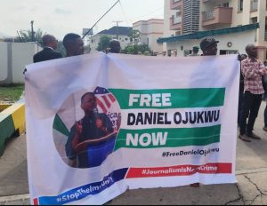A banner demanding the release of Daniel Ojukwu during a protest at the force headquarters in Abuja on Thursday [Credit: @BukkyShonibare]