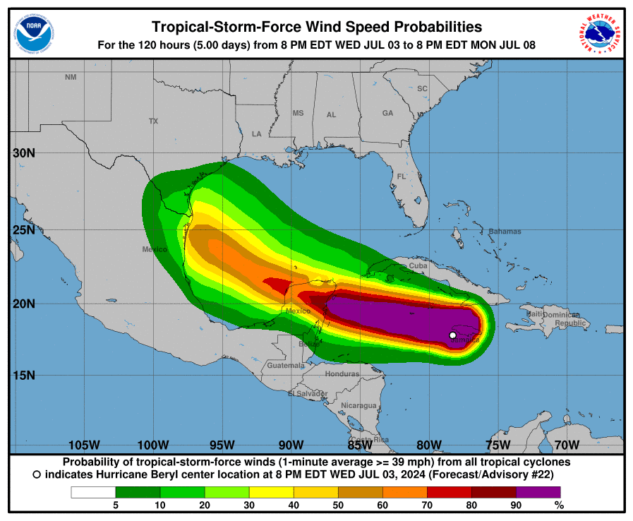 Map showing wind potential for Hurricane Beryl